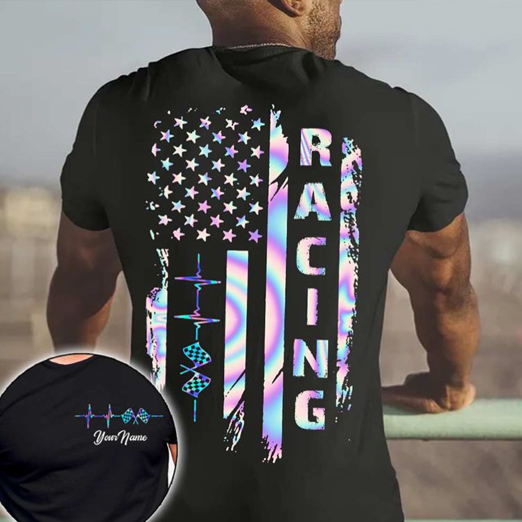 Personalized Racing Gifts Custom Name Love Racing T Shirt American Flag Race Car Shirt for Men Motorsport Lover Tee