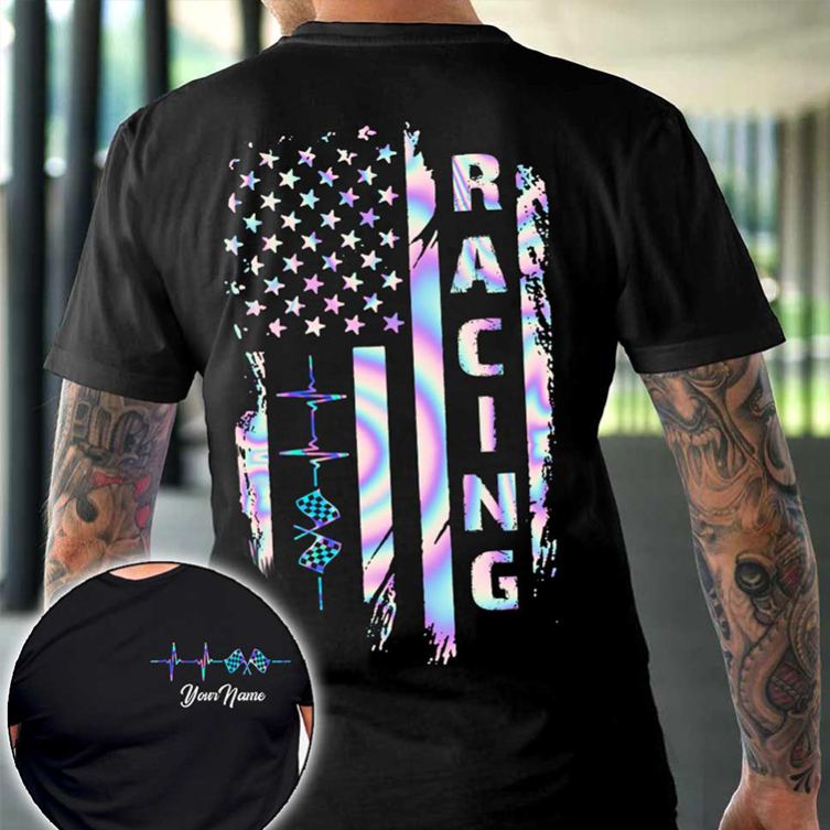 Personalized Racing Gifts Custom Name Love Racing T Shirt American Flag Race Car Shirt for Men Motorsport Lover Tee