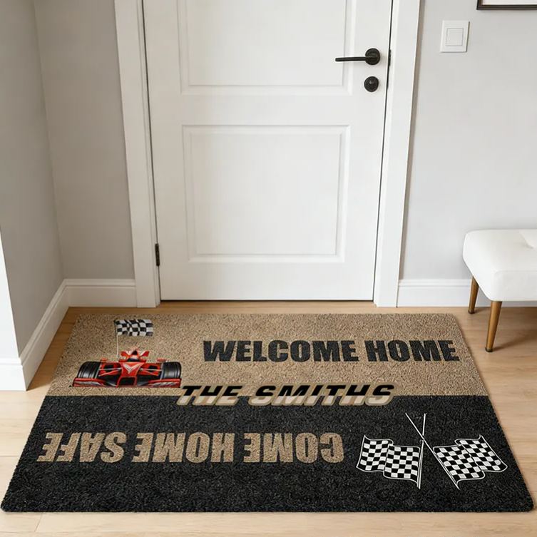 Personalized Racing Gifts Custom Family Name Welcome Home Come Home Safe Doormat Race Car Lover Home Entry Rug Decor