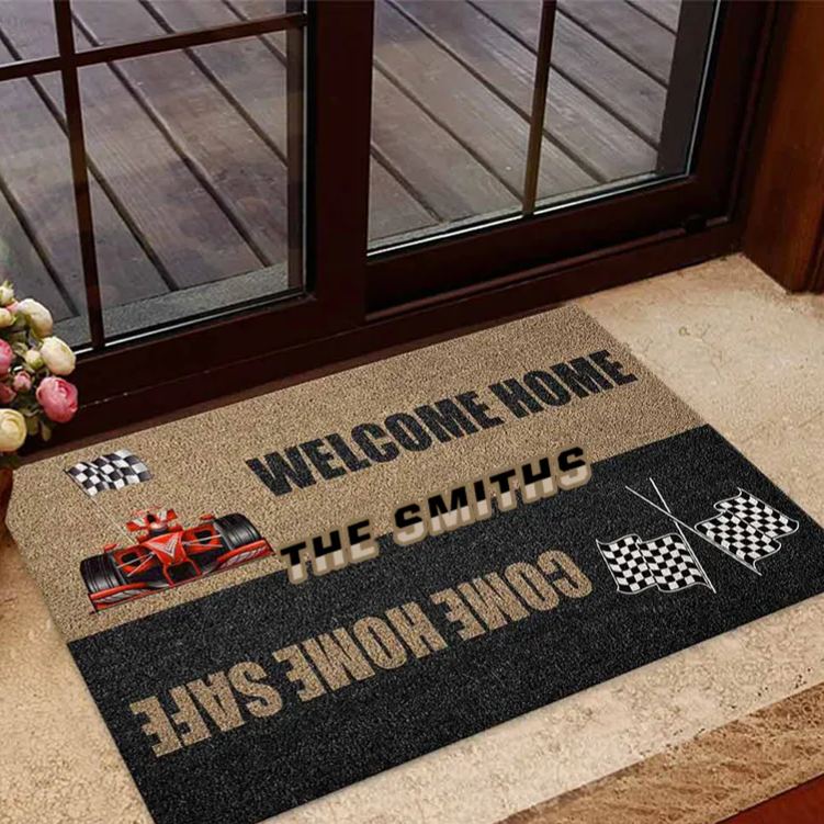Personalized Racing Gifts Custom Family Name Welcome Home Come Home Safe Doormat Race Car Lover Home Entry Rug Decor
