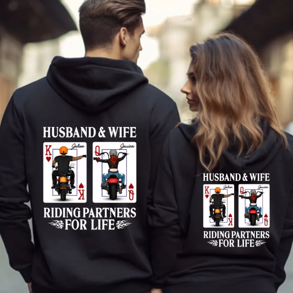 Personalized Husband & Wife Hoodies Riding Partners for Life Gift for Biker