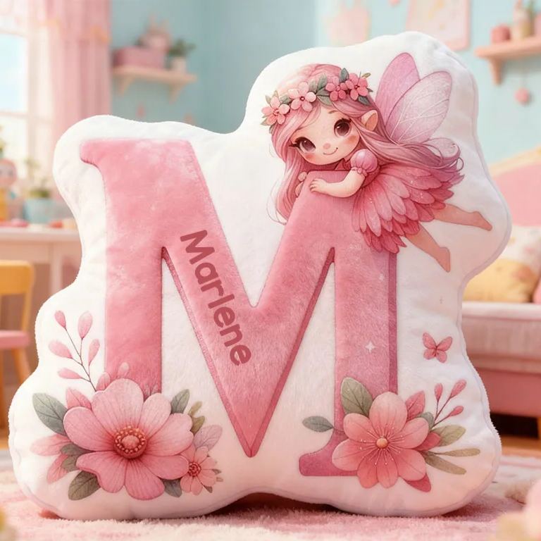 Personalized Flower Girl Pink Floral Fairy Graphic 3D Printed 26 Letters Pillow Custom Girl friend Name Cushion Valentines Day Christmas Gift for Her