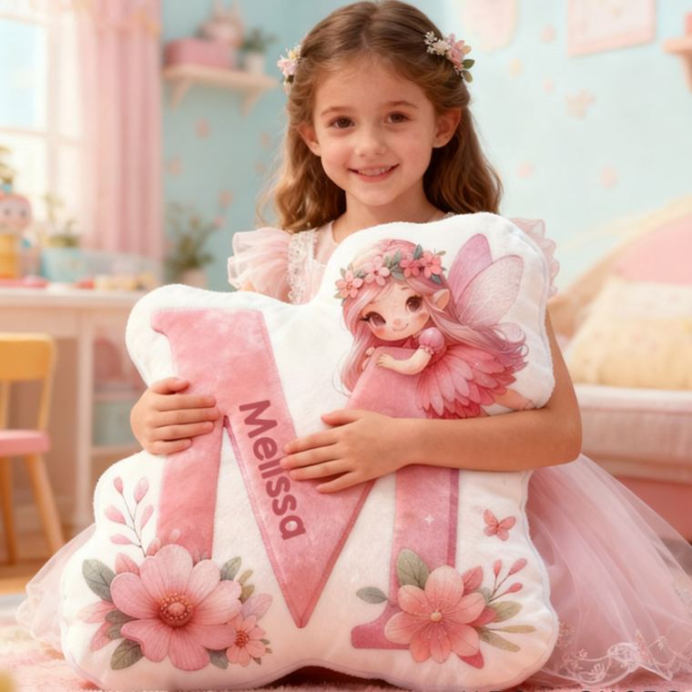 Personalized Flower Girl Pink Floral Fairy Graphic 3D Printed 26 Letters Pillow Custom Girl friend Name Cushion Valentines Day Christmas Gift for Her