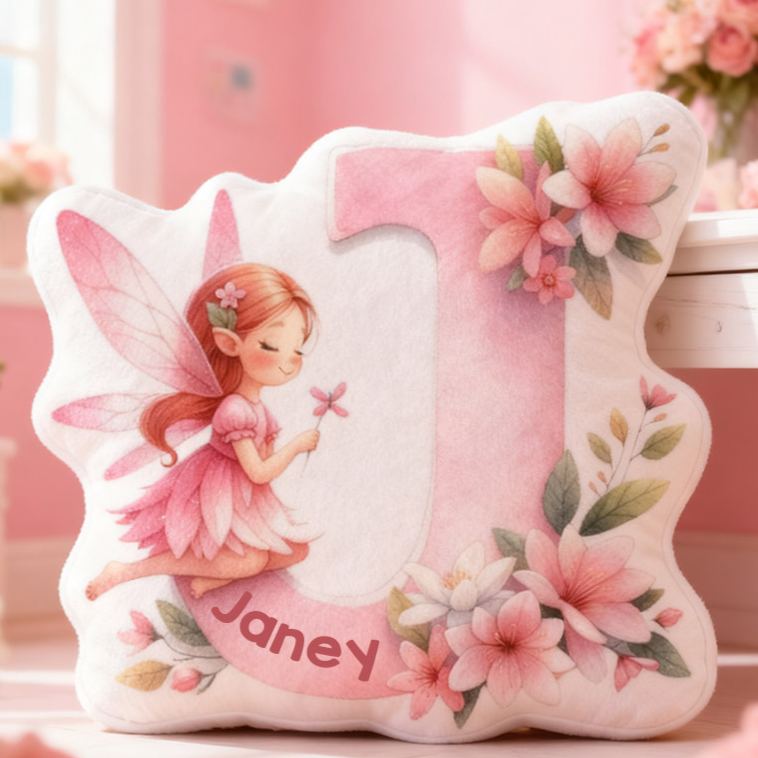 Personalized Flower Girl Pink Floral Fairy Graphic 3D Printed 26 Letters Pillow Custom Girl friend Name Cushion Valentines Day Christmas Gift for Her