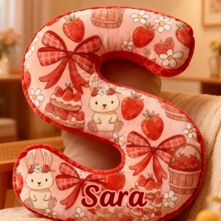 Personalized Strawberry Rabbit Letter Pillow Initial Rabbit Throw Pillow Custom Holiday Home Decor Letter Pillow for Flower Girl for Girl friend
