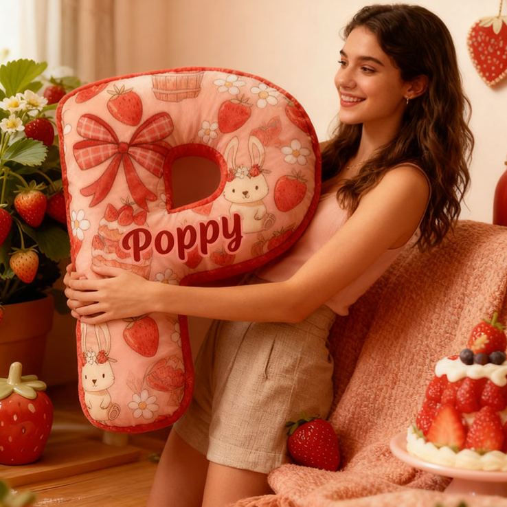Personalized Strawberry Rabbit Letter Pillow Initial Rabbit Throw Pillow Custom Holiday Home Decor Letter Pillow for Flower Girl for Girl friend