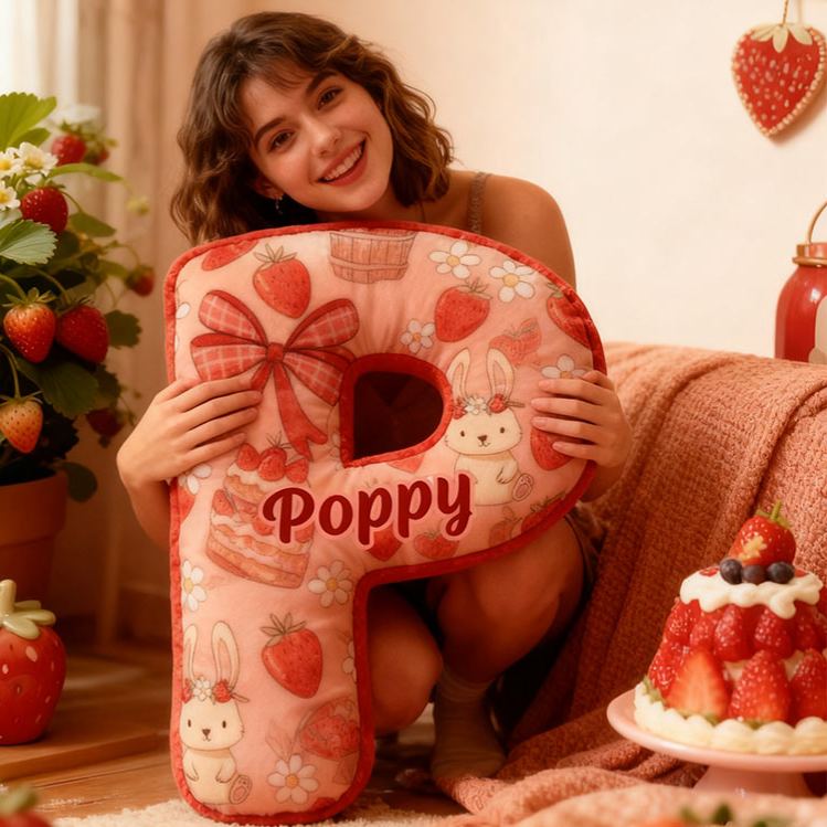 Personalized Strawberry Rabbit Letter Pillow Initial Rabbit Throw Pillow Custom Holiday Home Decor Letter Pillow for Flower Girl for Girl friend
