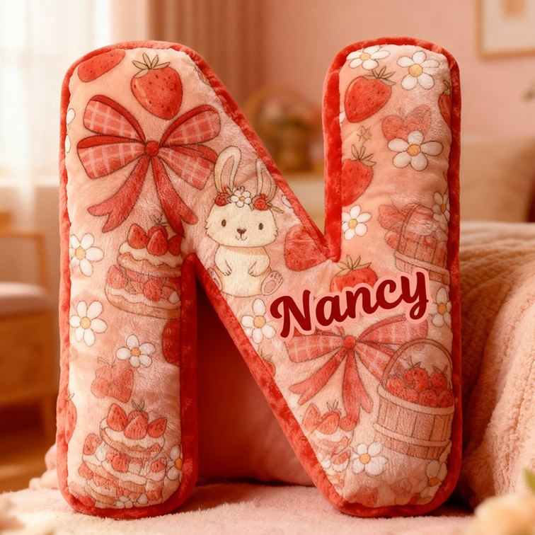 Personalized Strawberry Rabbit Letter Pillow Initial Rabbit Throw Pillow Custom Holiday Home Decor Letter Pillow for Flower Girl for Girl friend