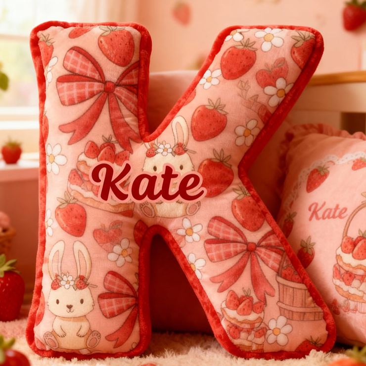 Personalized Strawberry Rabbit Letter Pillow Initial Rabbit Throw Pillow Custom Holiday Home Decor Letter Pillow for Flower Girl for Girl friend