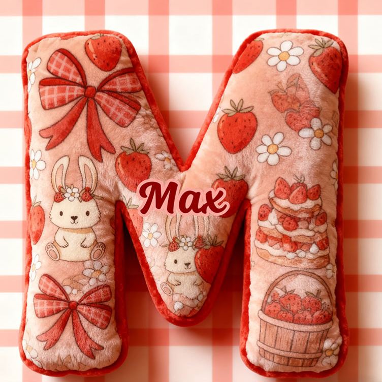 Personalized Strawberry Rabbit Letter Pillow Initial Rabbit Throw Pillow Custom Holiday Home Decor Letter Pillow for Flower Girl for Girl friend