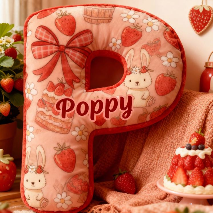 Personalized Strawberry Rabbit Letter Pillow Initial Rabbit Throw Pillow Custom Holiday Home Decor Letter Pillow for Flower Girl for Girl friend