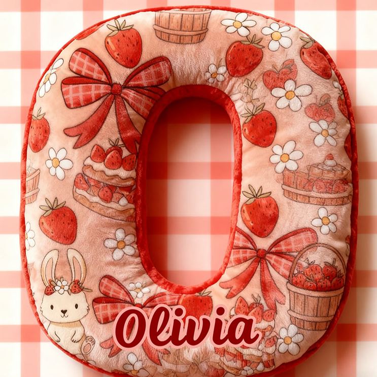 Personalized Strawberry Rabbit Letter Pillow Initial Rabbit Throw Pillow Custom Holiday Home Decor Letter Pillow for Flower Girl for Girl friend