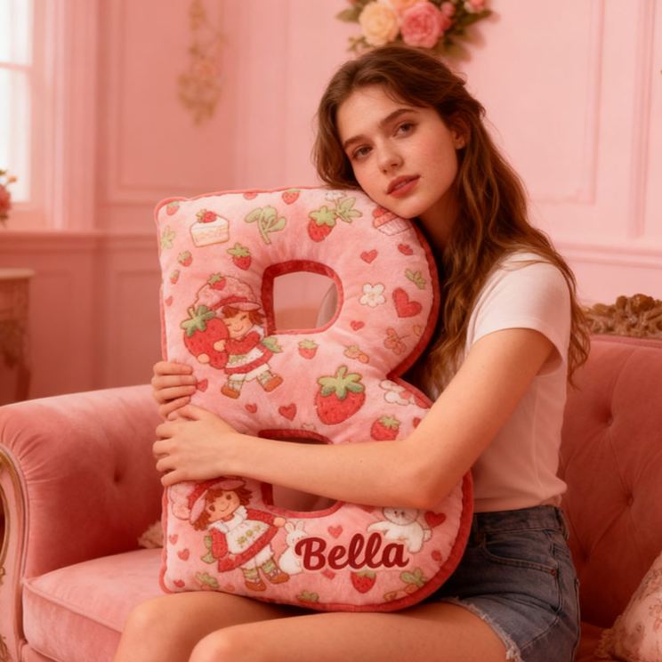 Personalized Strawberry Letter Pillow Initial Throw Pillow Custom Holiday Home Decor Letter Pillow for Flower Girl for Girl friend