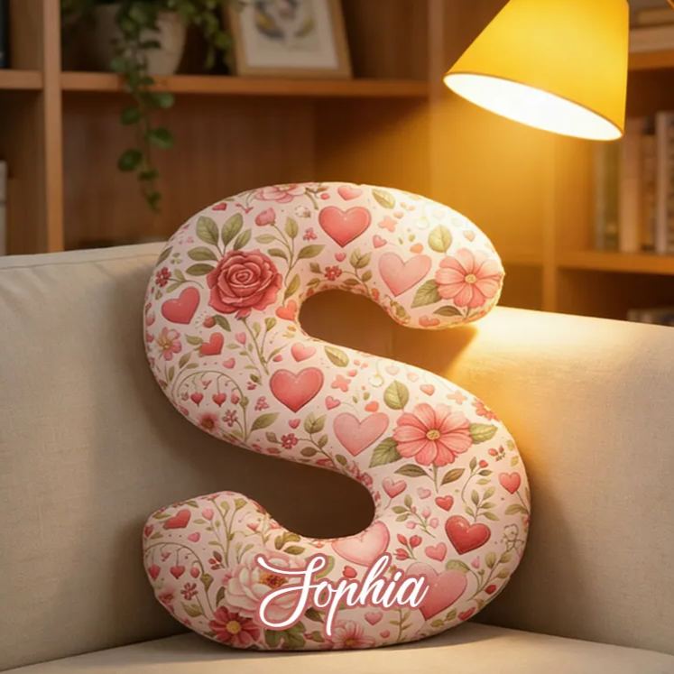 Personalized Floral Initial Pillow Custom Romantic Heart and Rose Throw Pillow Valentine's Gift for Wife Girlfriend