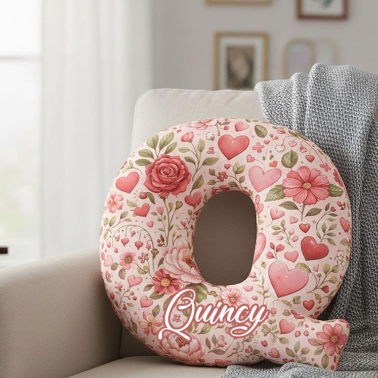 Personalized Floral Initial Pillow Custom Romantic Heart and Rose Throw Pillow Valentine's Gift for Wife Girlfriend