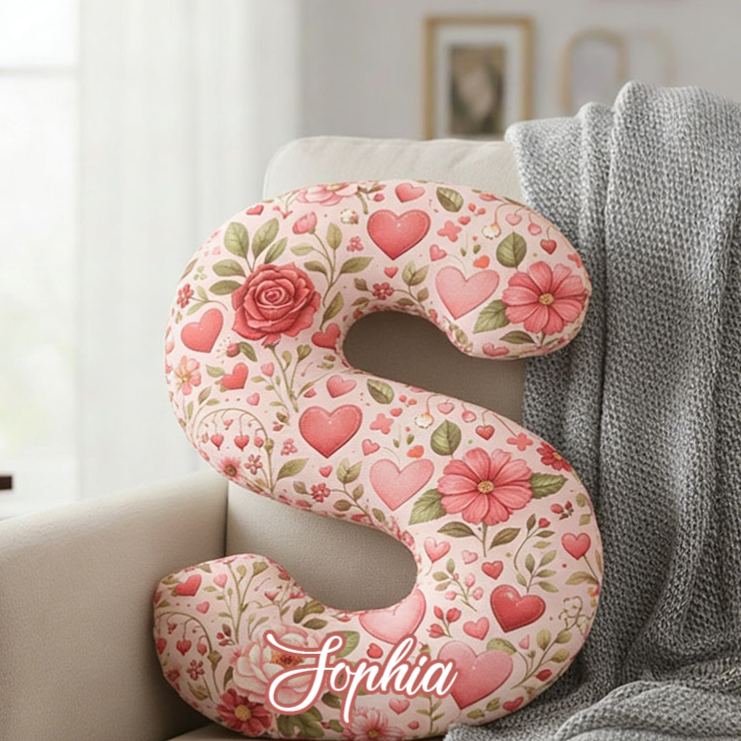 Personalized Floral Initial Pillow Custom Romantic Heart and Rose Throw Pillow Valentine's Gift for Wife Girlfriend