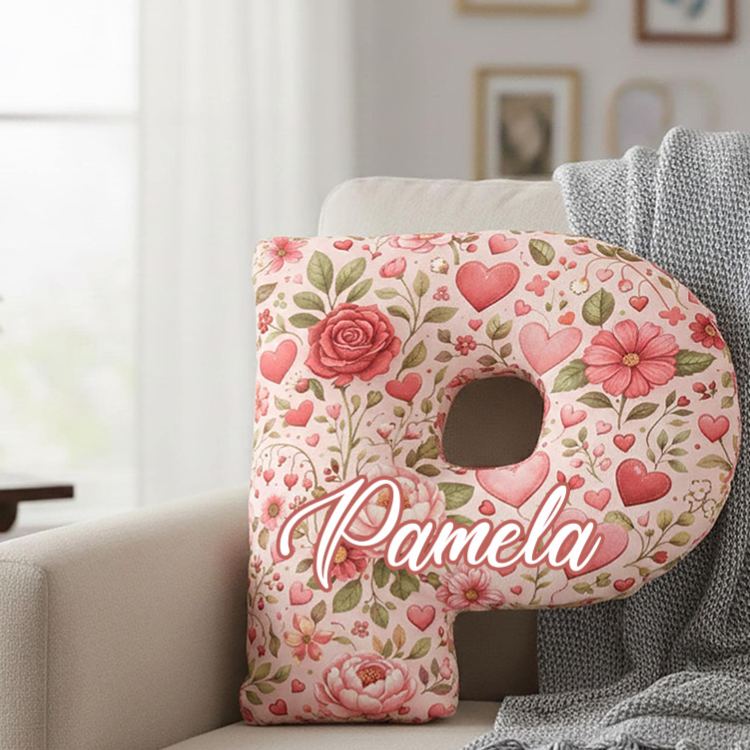 Personalized Floral Initial Pillow Custom Romantic Heart and Rose Throw Pillow Valentine's Gift for Wife Girlfriend
