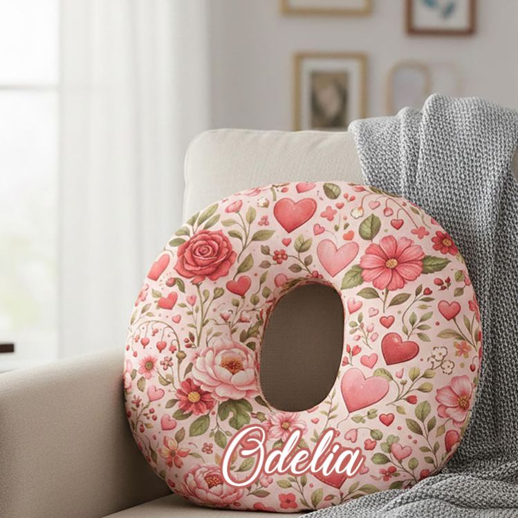 Personalized Floral Initial Pillow Custom Romantic Heart and Rose Throw Pillow Valentine's Gift for Wife Girlfriend