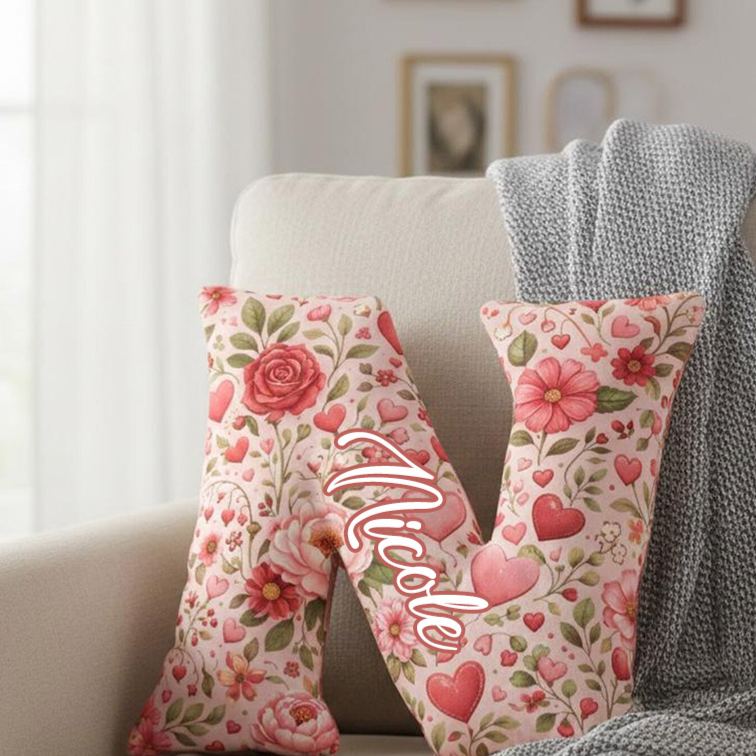 Personalized Floral Initial Pillow Custom Romantic Heart and Rose Throw Pillow Valentine's Gift for Wife Girlfriend