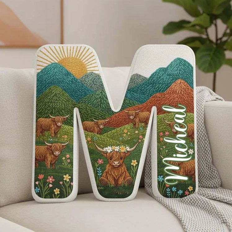 Personalized Highland Cow Initial Pillow Custom Nature-Inspired Throw Pillow for Girlfriend Wife 3D Graphic Pillow for Her