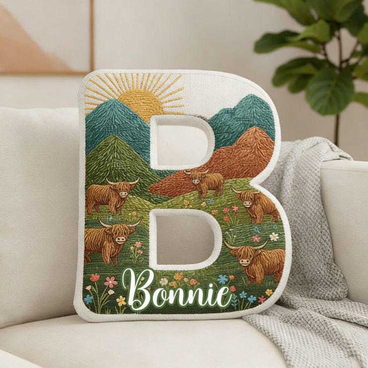Personalized Highland Cow Initial Pillow Custom Nature-Inspired Throw Pillow for Girlfriend Wife 3D Graphic Pillow for Her