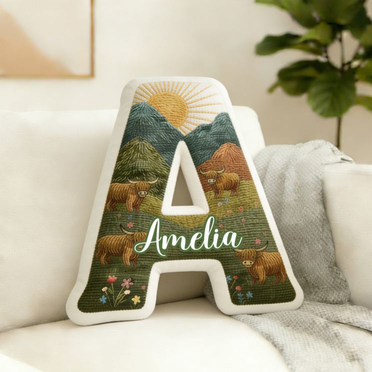 Personalized Highland Cow Initial Pillow Custom Nature-Inspired Throw Pillow for Girlfriend Wife 3D Graphic Pillow for Her