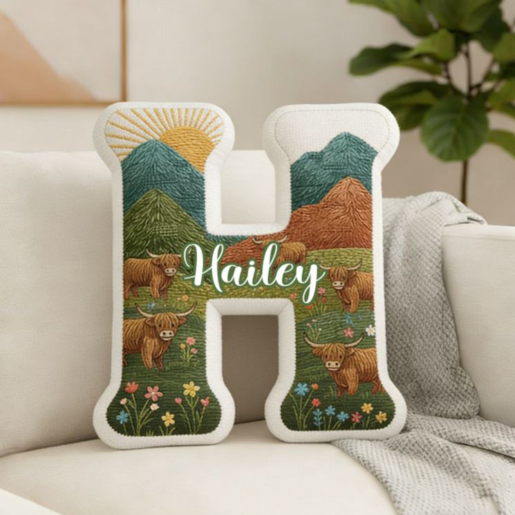 Personalized Highland Cow Initial Pillow Custom Nature-Inspired Throw Pillow for Girlfriend Wife 3D Graphic Pillow for Her