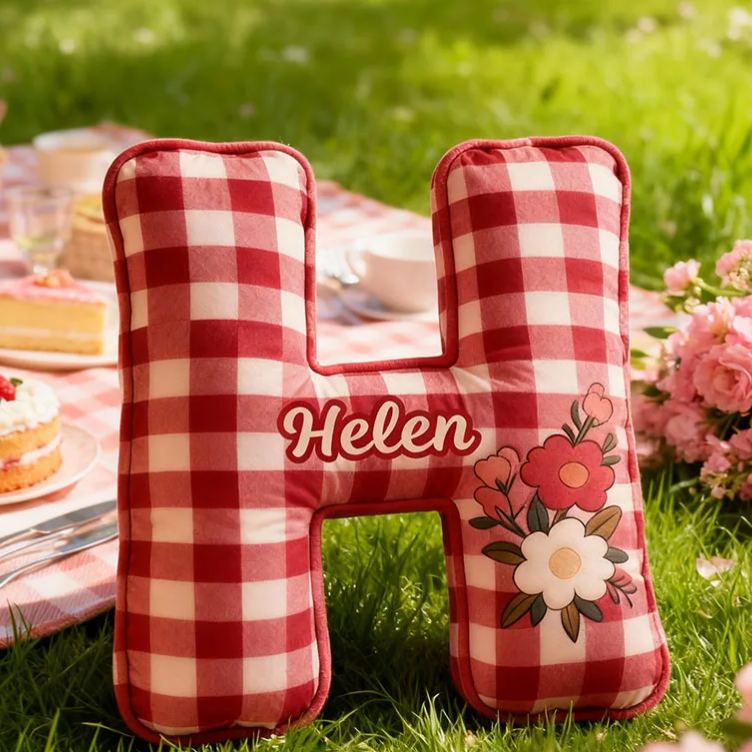Personalized Red Checkerboard Flower Letter Pillow Initial Flower Throw Pillow Custom Holiday Home Decor Letter Pillow for Flower Girl for Girl friend