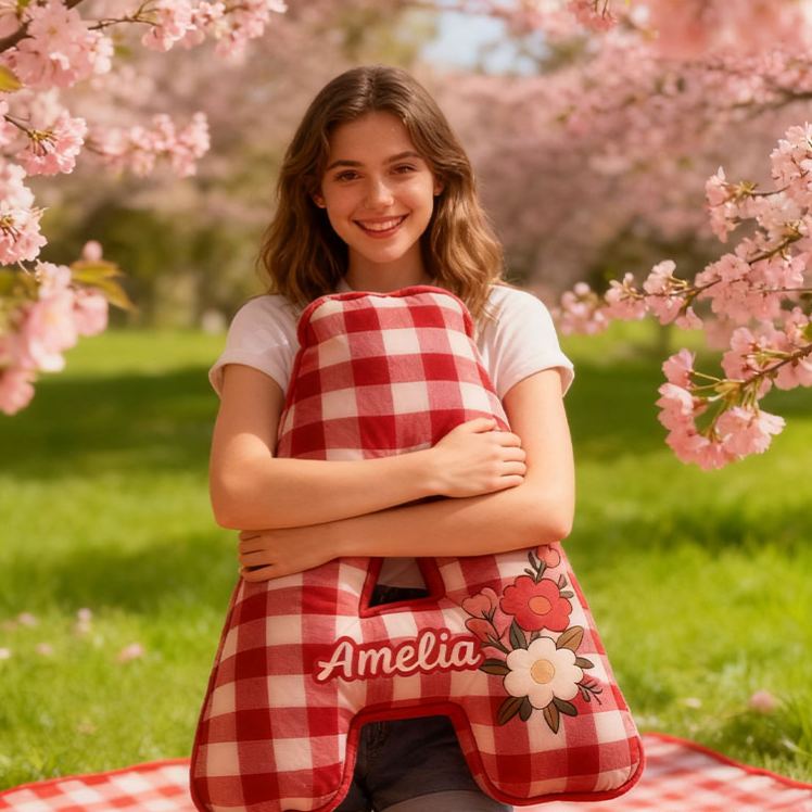 Personalized Red Checkerboard Flower Letter Pillow Initial Flower Throw Pillow Custom Holiday Home Decor Letter Pillow for Flower Girl for Girl friend