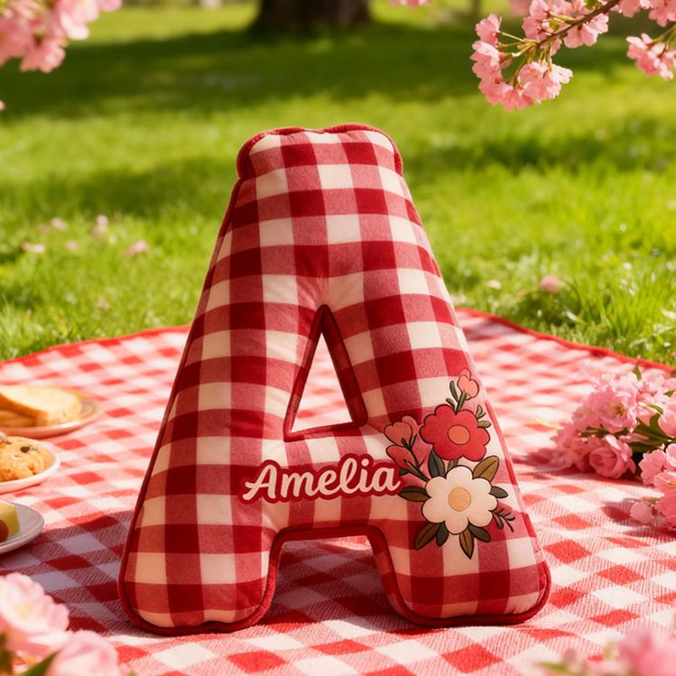 Personalized Red Checkerboard Flower Letter Pillow Initial Flower Throw Pillow Custom Holiday Home Decor Letter Pillow for Flower Girl for Girl friend