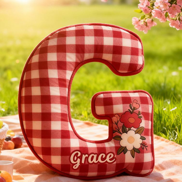 Personalized Red Checkerboard Flower Letter Pillow Initial Flower Throw Pillow Custom Holiday Home Decor Letter Pillow for Flower Girl for Girl friend