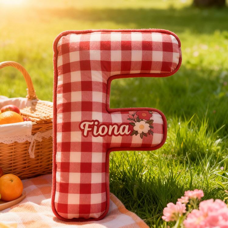 Personalized Red Checkerboard Flower Letter Pillow Initial Flower Throw Pillow Custom Holiday Home Decor Letter Pillow for Flower Girl for Girl friend