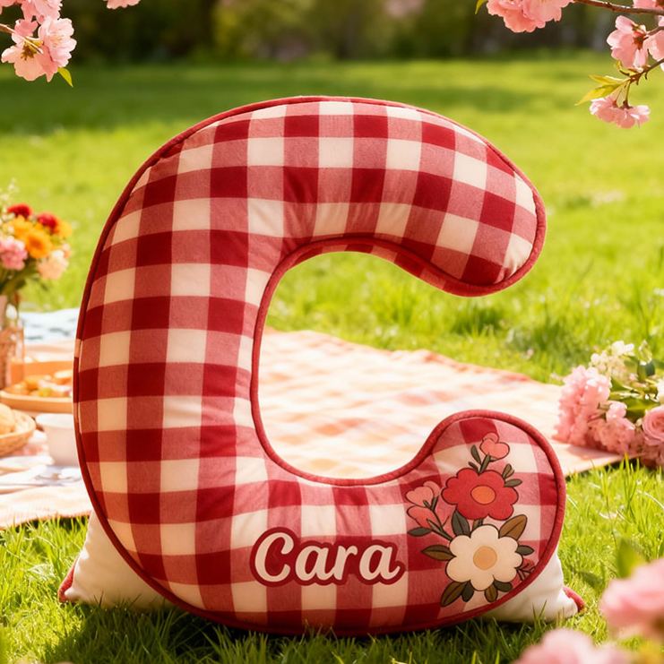 Personalized Red Checkerboard Flower Letter Pillow Initial Flower Throw Pillow Custom Holiday Home Decor Letter Pillow for Flower Girl for Girl friend