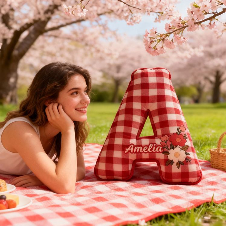 Personalized Red Checkerboard Flower Letter Pillow Initial Flower Throw Pillow Custom Holiday Home Decor Letter Pillow for Flower Girl for Girl friend