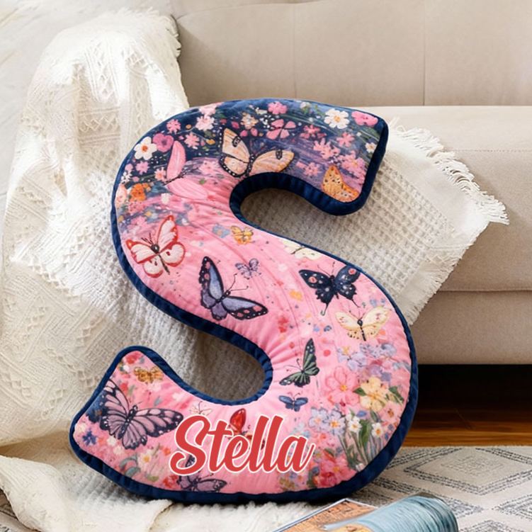 Personalized Butterfly and Floral Letter Pillow Custom Elegant Flowers Pattern Throw Pillow Christmas Butterflies Decor Pillow for Her Him