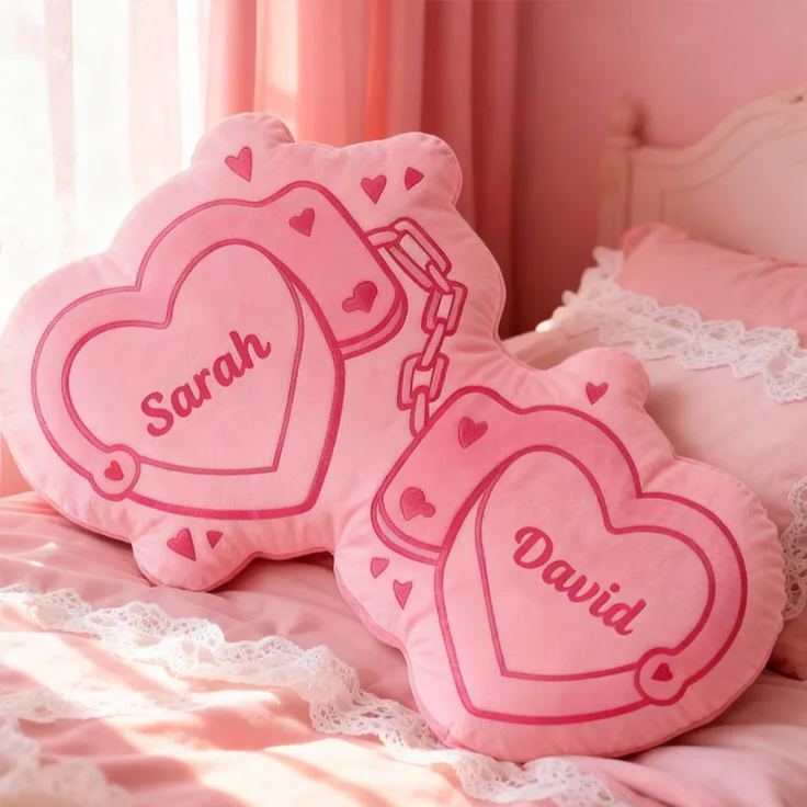 Personalized Couple Pink Heart Handcuff with Names Couple Home Pillow Romantic Valentine's Day Gift for Girlfriend for Wife Husband 