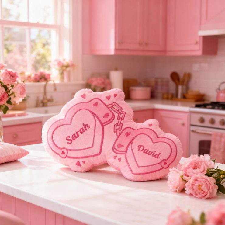 Personalized Couple Pink Heart Handcuff with Names Couple Home Pillow Romantic Valentine's Day Gift for Girlfriend for Wife Husband 