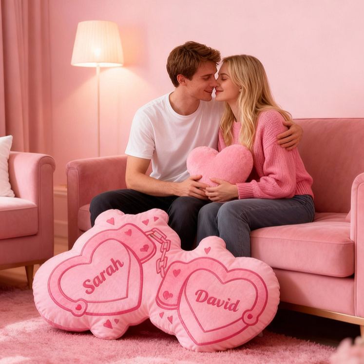 Personalized Couple Pink Heart Handcuff with Names Couple Home Pillow Romantic Valentine's Day Gift for Girlfriend for Wife Husband 