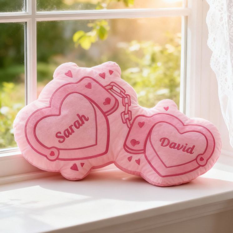 Personalized Couple Pink Heart Handcuff with Names Couple Home Pillow Romantic Valentine's Day Gift for Girlfriend for Wife Husband 