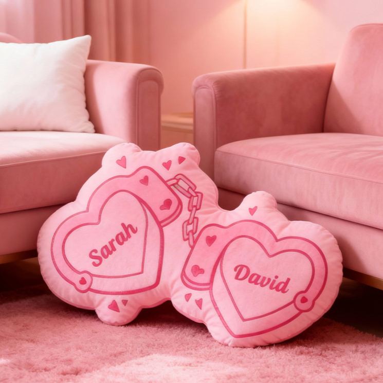Personalized Couple Pink Heart Handcuff with Names Couple Home Pillow Romantic Valentine's Day Gift for Girlfriend for Wife Husband 