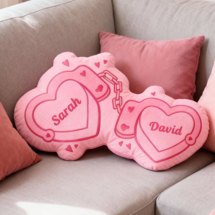 Personalized Couple Pink Heart Handcuff with Names Couple Home Pillow Romantic Valentine's Day Gift for Girlfriend for Wife Husband 