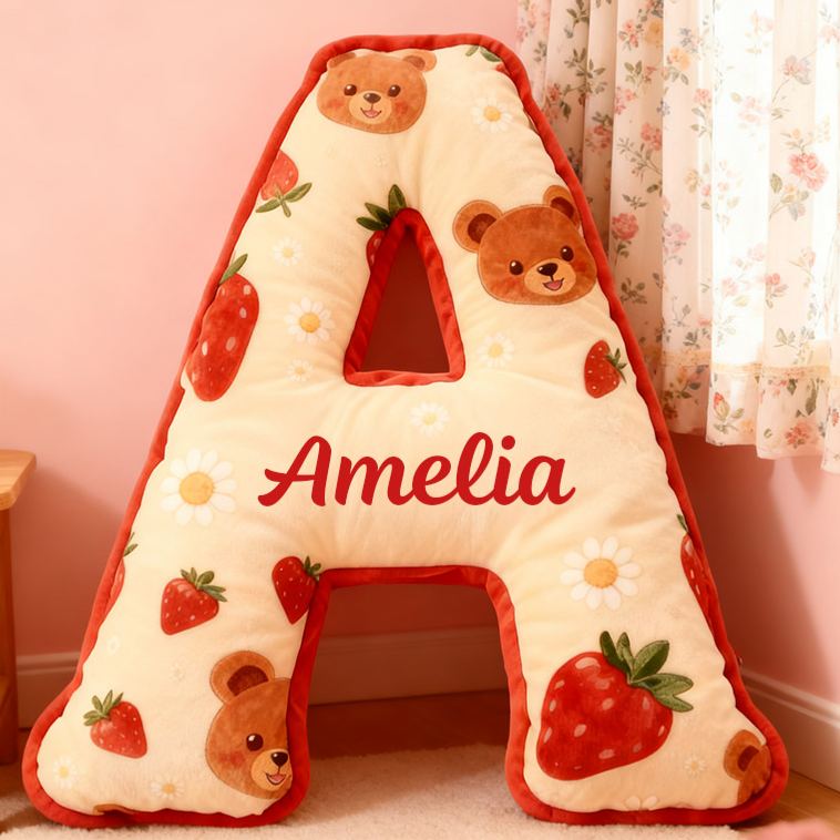 Personalized Girl friend Bear and Strawberry 26 Letters Pillow Custom Girlfriend Graphic 3D Printed Cushion Valentines Day Christmas Gift for Her