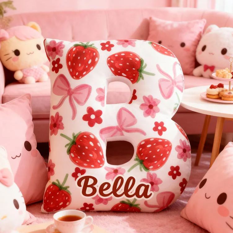 Personalized Rosette Strawberry Letter Pillow Initial Throw Pillow Custom Holiday Home Decor Letter Pillow for Flower Girl for Girl friend