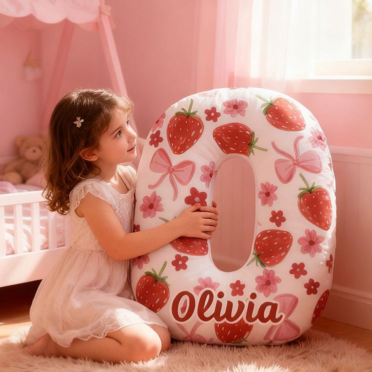 Personalized Rosette Strawberry Letter Pillow Initial Throw Pillow Custom Holiday Home Decor Letter Pillow for Flower Girl for Girl friend