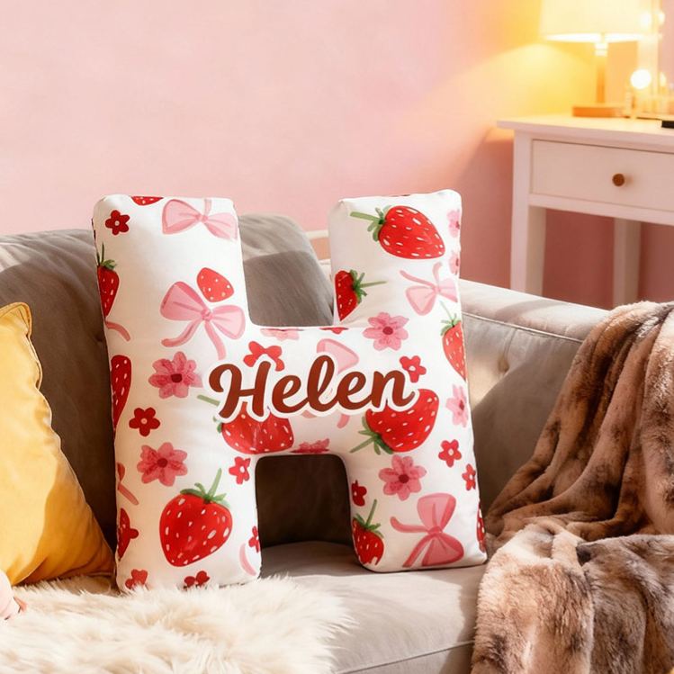 Personalized Rosette Strawberry Letter Pillow Initial Throw Pillow Custom Holiday Home Decor Letter Pillow for Flower Girl for Girl friend