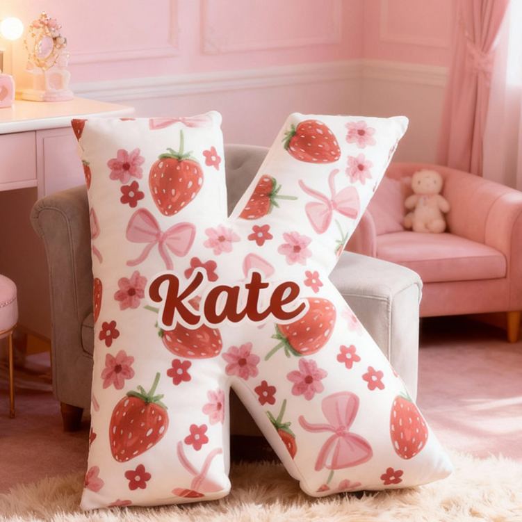 Personalized Rosette Strawberry Letter Pillow Initial Throw Pillow Custom Holiday Home Decor Letter Pillow for Flower Girl for Girl friend