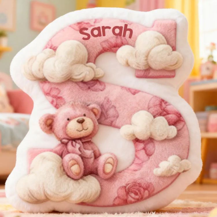 Personalized Flower Girl Pink Bear and Cloud 26 Letters Pillow Custom Girl friend Graphic 3D Printed Alphabet Initials Cushion Birthday Gift for Her