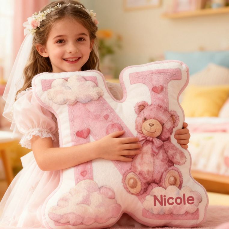 Personalized Flower Girl Pink Bear and Cloud 26 Letters Pillow Custom Girl friend Graphic 3D Printed Alphabet Initials Cushion Birthday Gift for Her