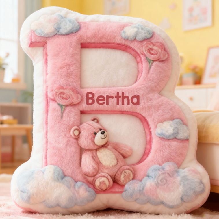 Personalized Flower Girl Pink Bear and Cloud 26 Letters Pillow Custom Girl friend Graphic 3D Printed Alphabet Initials Cushion Birthday Gift for Her