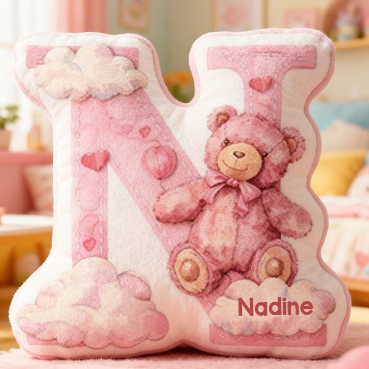 Personalized Flower Girl Pink Bear and Cloud 26 Letters Pillow Custom Girl friend Graphic 3D Printed Alphabet Initials Cushion Birthday Gift for Her
